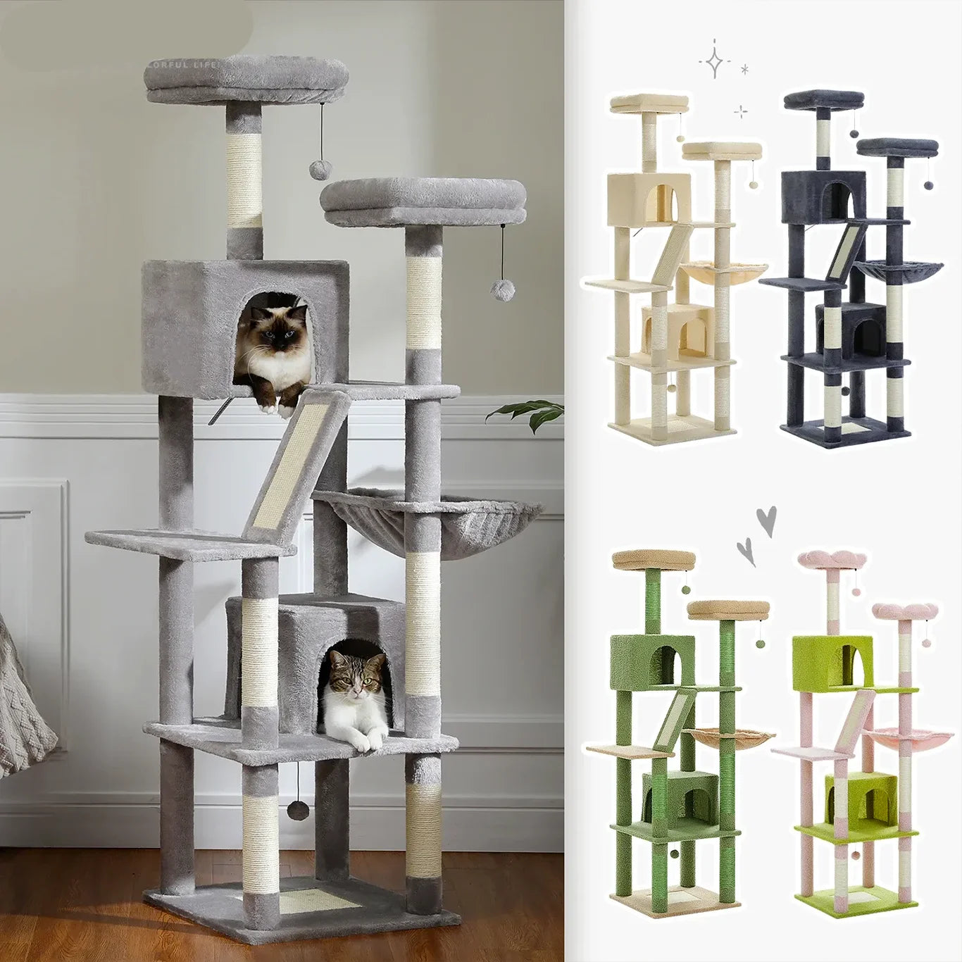 Varianti colori tiragraffi per gatti ClimbaTower™ 180 cm: beige, grigio scuro, verde, rosa, grigio