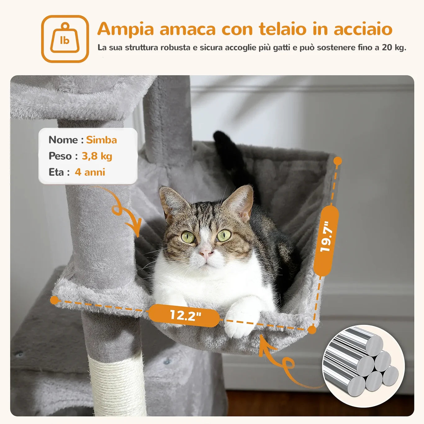 Ampia amaca per gatti con telaio in acciaio, robusta e sicura per il tiragraffi ClimbaTower™