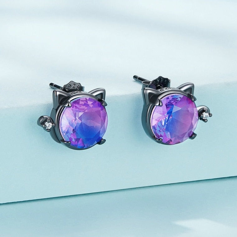 Black Eye Silver Cat Earrings