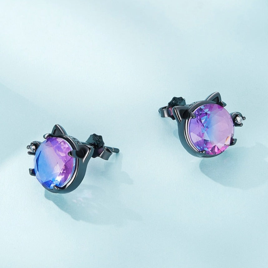 Black Eye Silver Cat Earrings