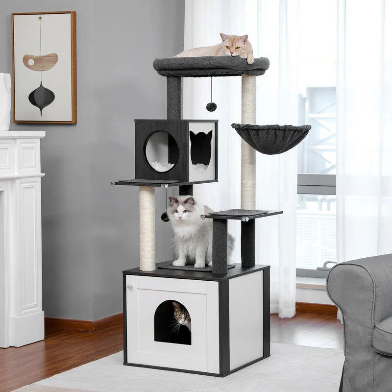 BoxCat™ tiragraffi robusto in legno multi-livello con casa per gatti