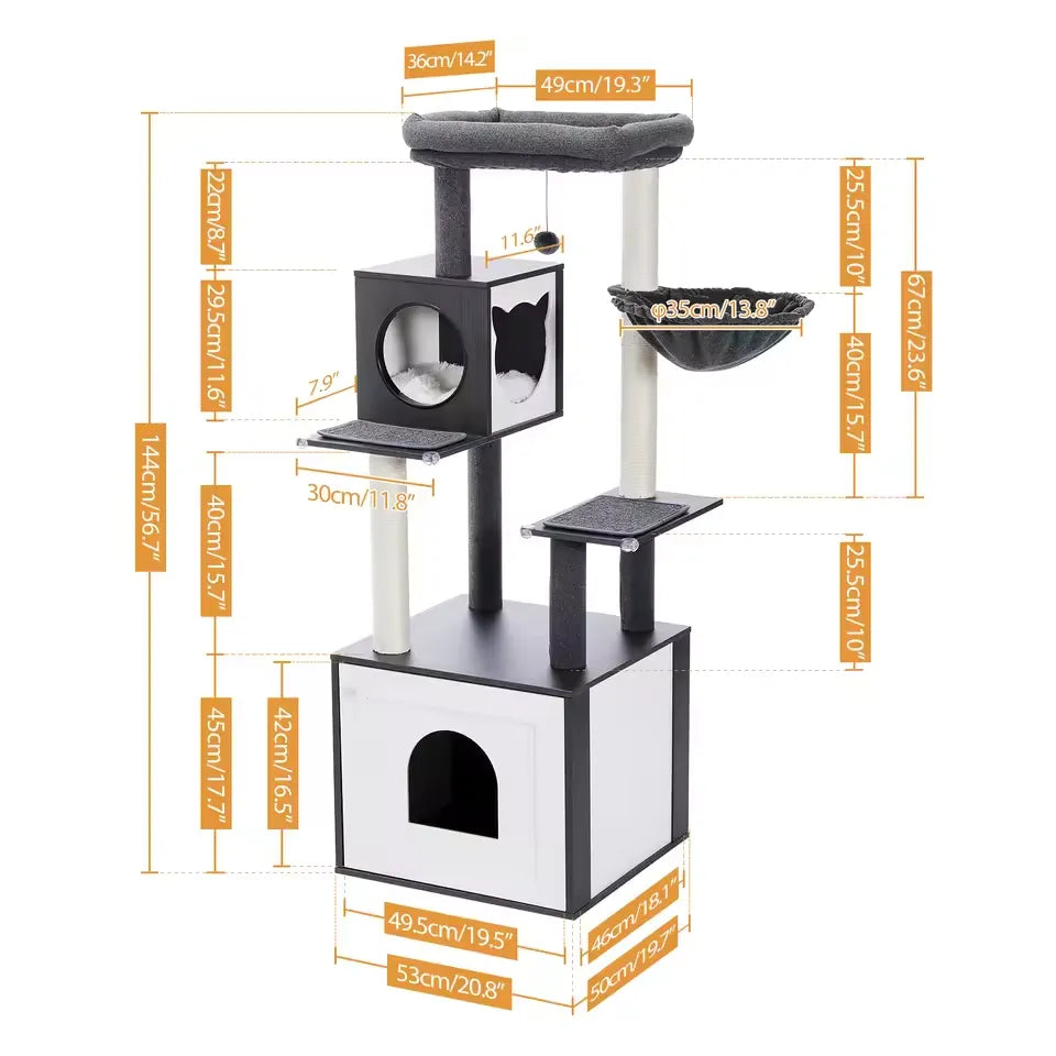 Dimensioni albero tiragraffi BoxCat™ in legno multi-livello per gatti