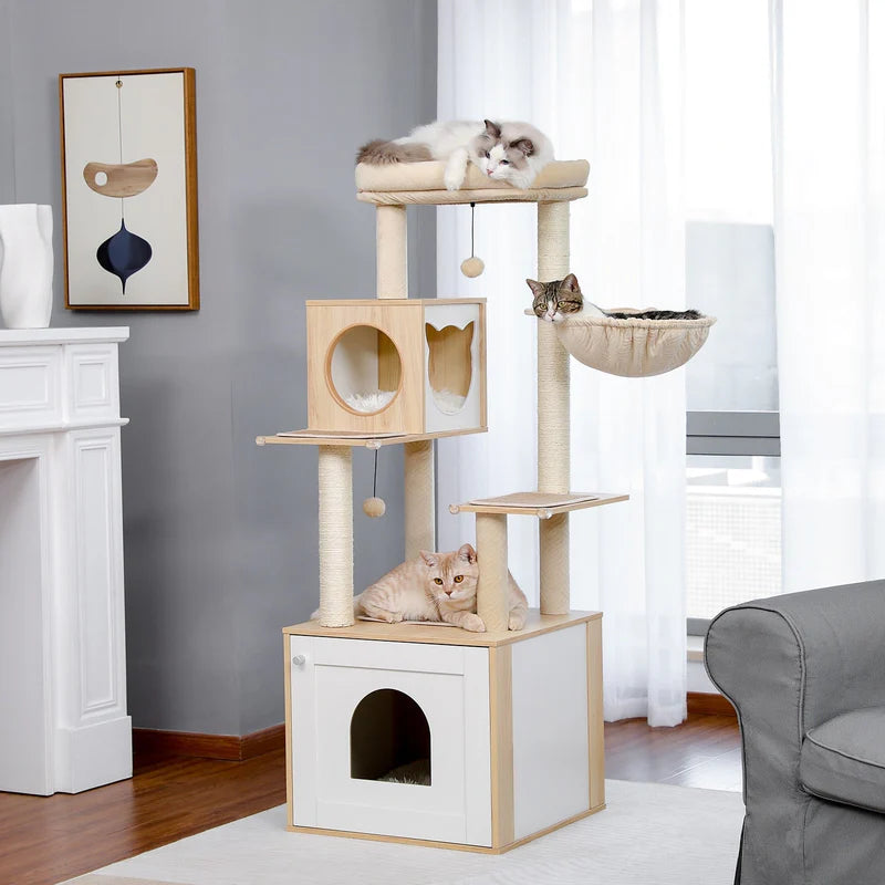 Albero tiragraffi BoxCat™ in legno con piattaforme multi-livello e cuscini morbidi