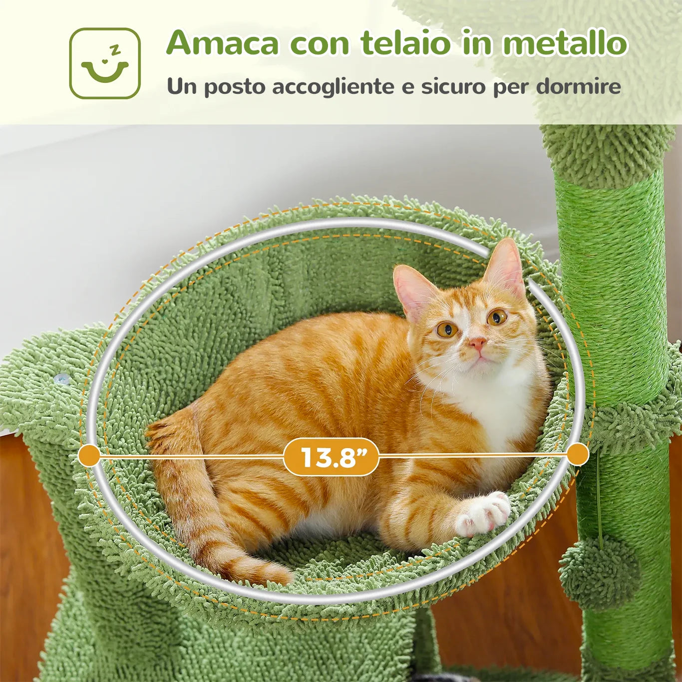 CactusPaws™ albero tiragraffi 102 cm con amaca in metallo e gatto arancione