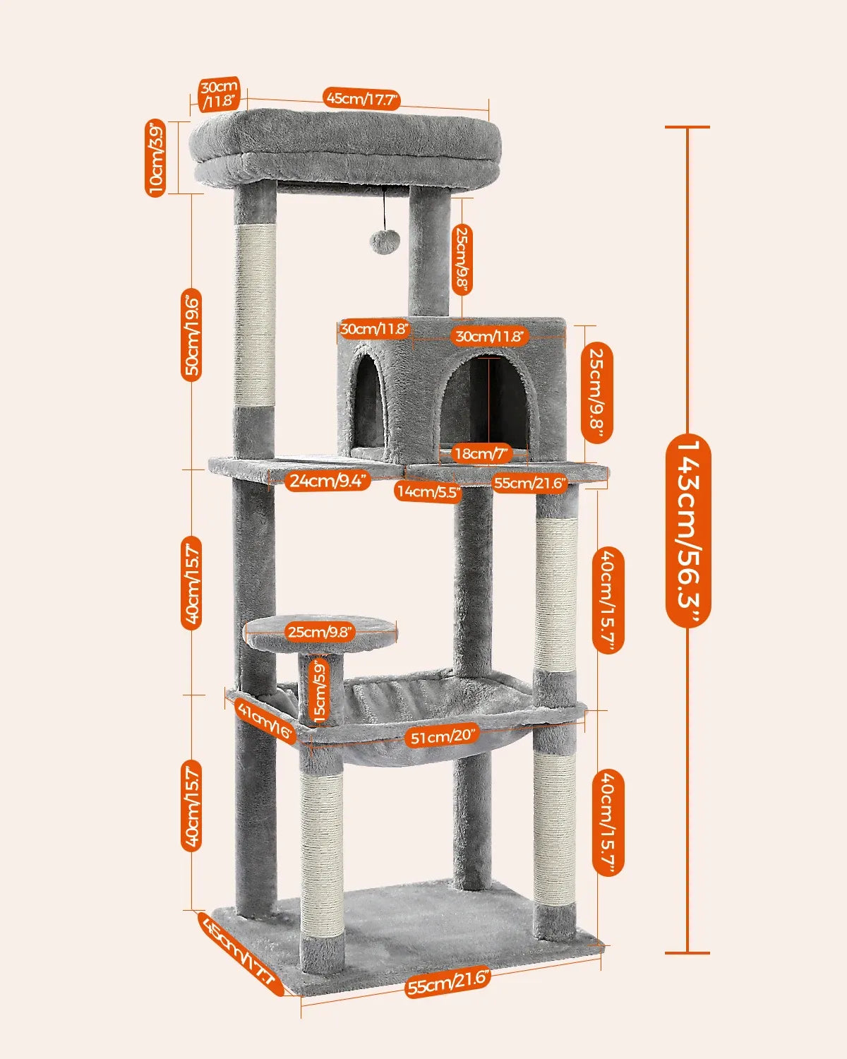 Albero tiragraffi ClimbLux™ XXL 143 cm con misure dettagliate