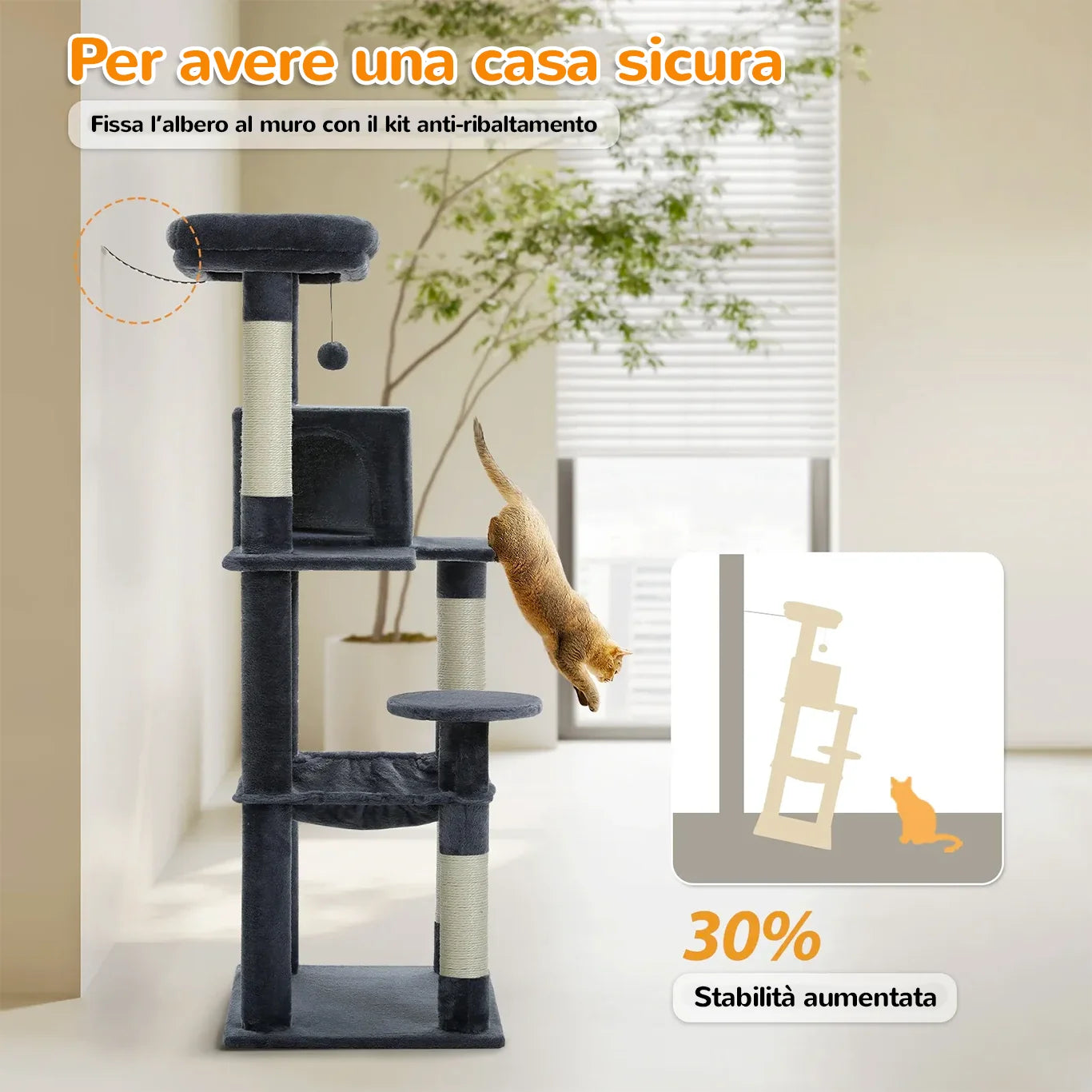 Albero tiragraffi ClimbLux™ fissato al muro con kit anti-ribaltamento
