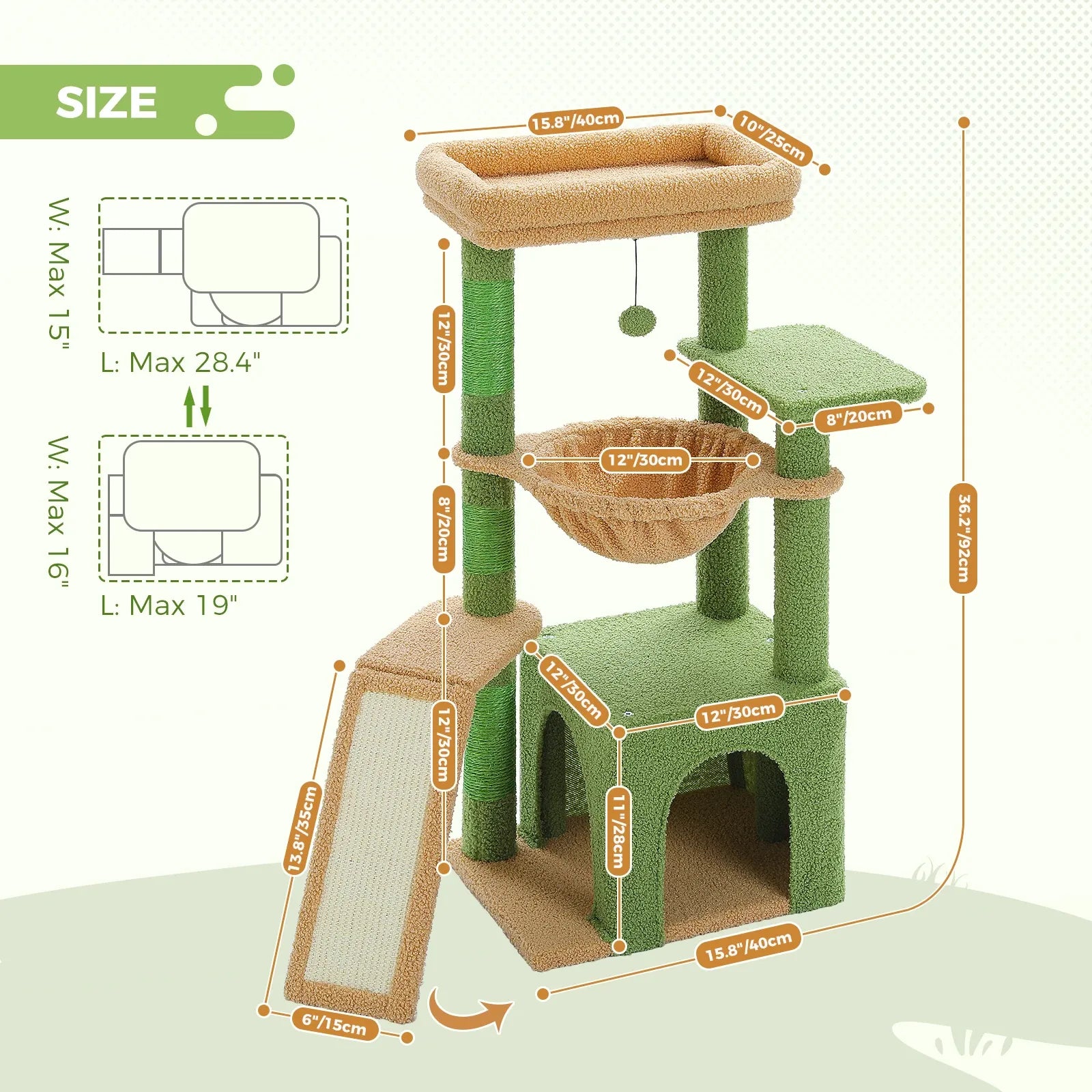 Dimensioni albero tiragraffi ColorPaws™ 92 cm con misure dettagliate di piattaforme, amaca e condo per gatti