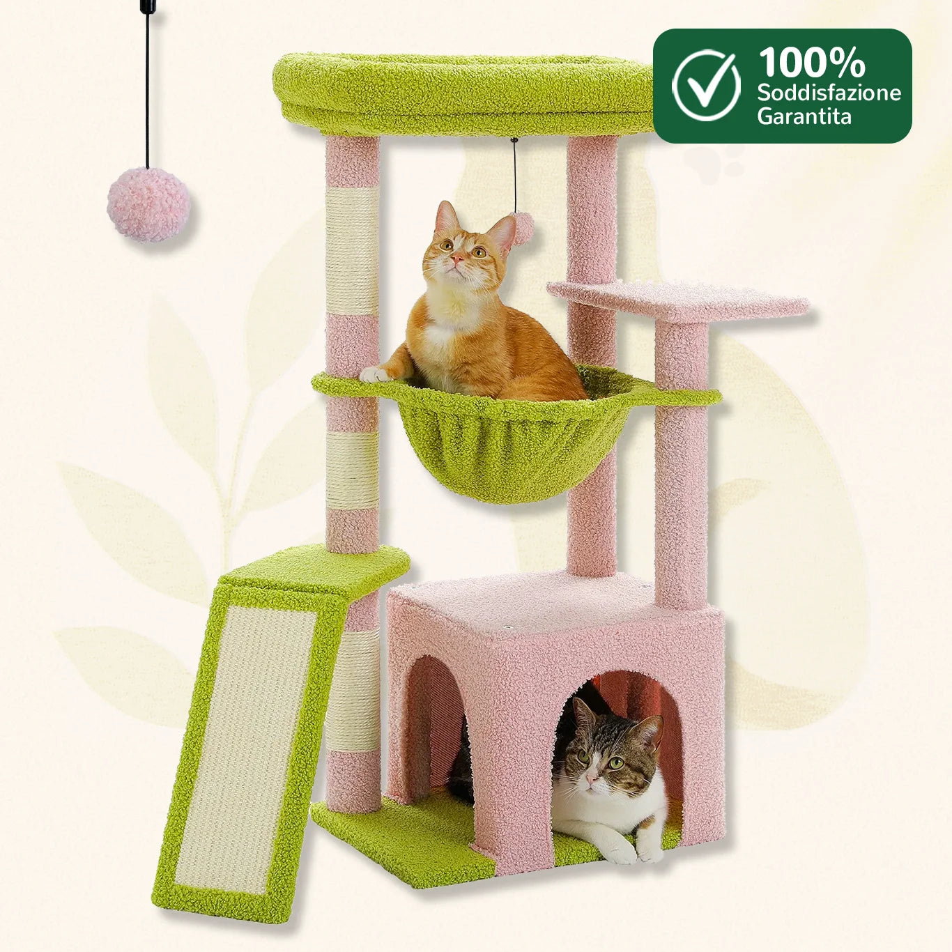 Albero tiragraffi ColorPaws™ rosa con amaca sospesa e cuccia per gatti