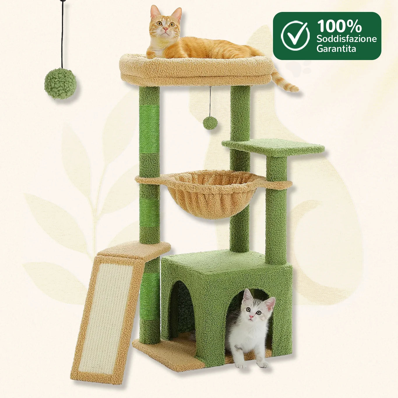 Albero tiragraffi ColorPaws™ verde con amaca, piattaforma e casetta per gatti