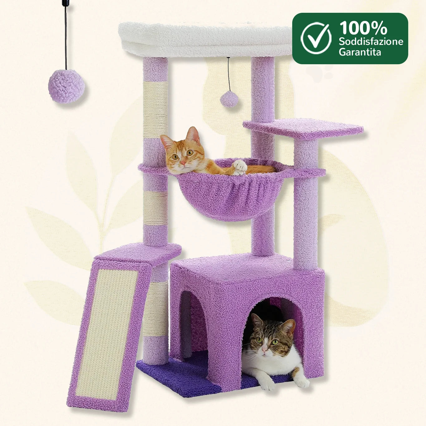 Albero tiragraffi ColorPaws™ viola con amaca soffice, piattaforme e casetta per gatti