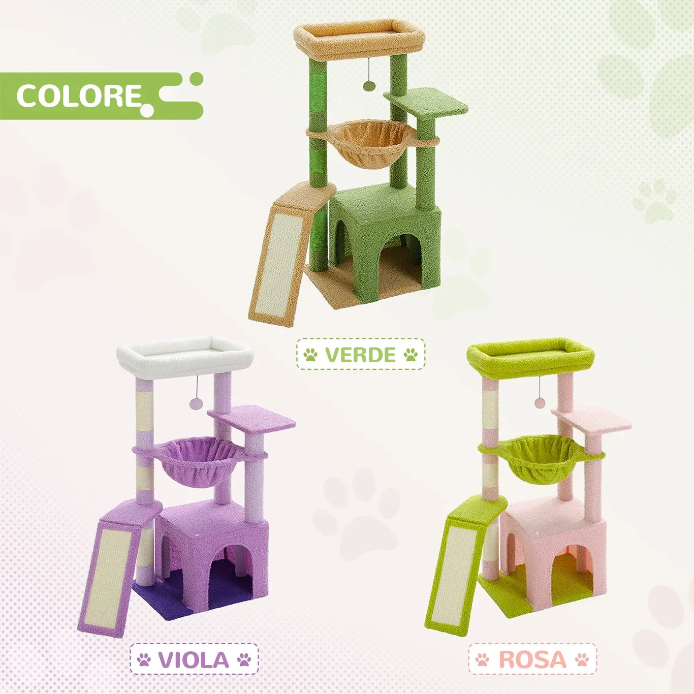 Albero tiragraffi ColorPaws™ disponibile in tre colori: verde, rosa e viola