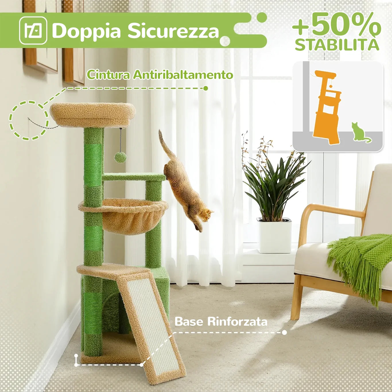Albero tiragraffi ColorPaws™ con base rinforzata e cintura antiribaltamento per maggiore stabilità