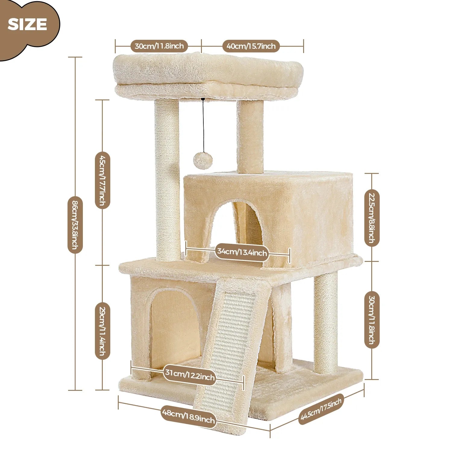 CozyHome™ albero tiragraffi compatto 2 livelli con misure dettagliate
