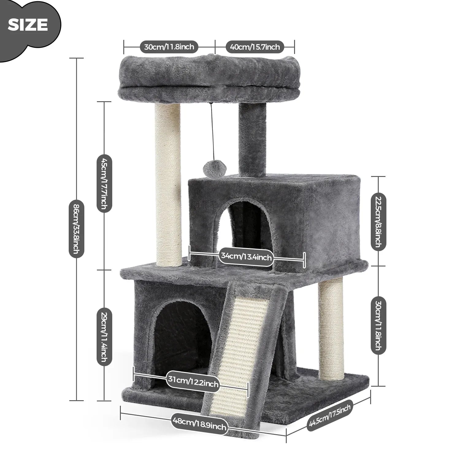 CozyHome™ albero tiragraffi grigio 2 livelli con misure in cm e pollici