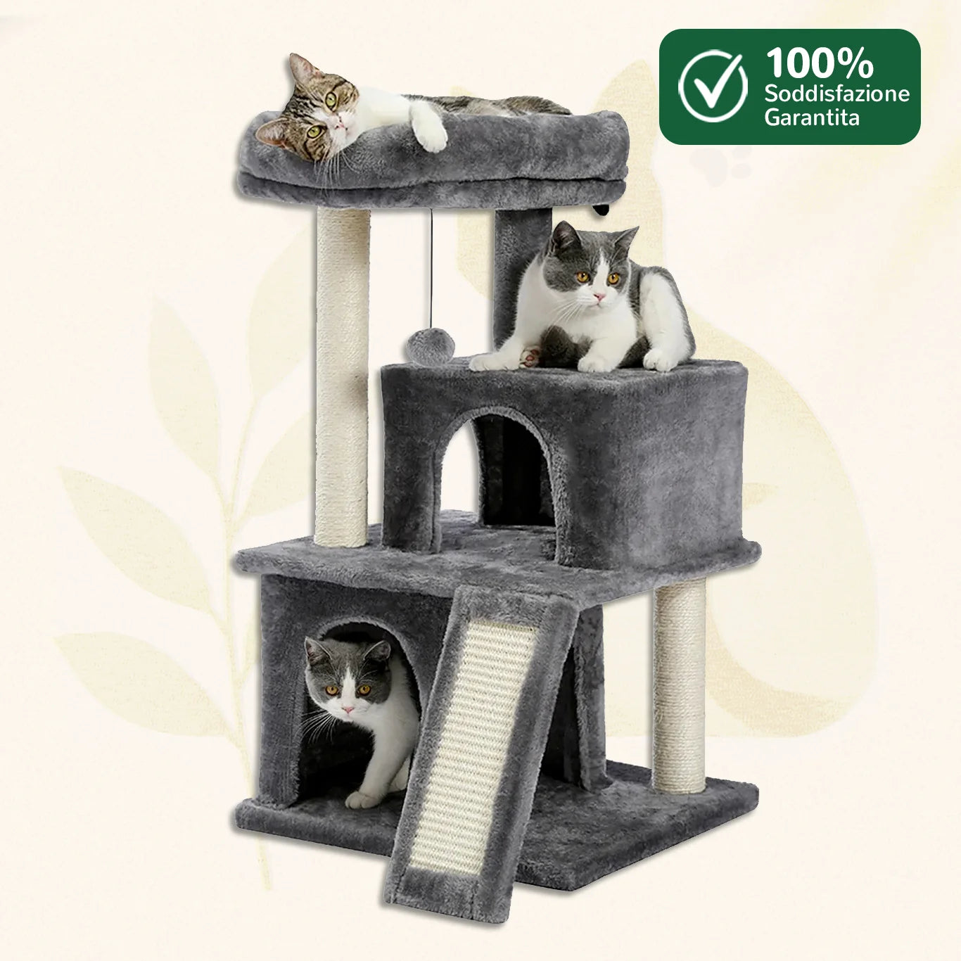 Albero tiragraffi CozyHome™ grigio con due casette e gatti che giocano