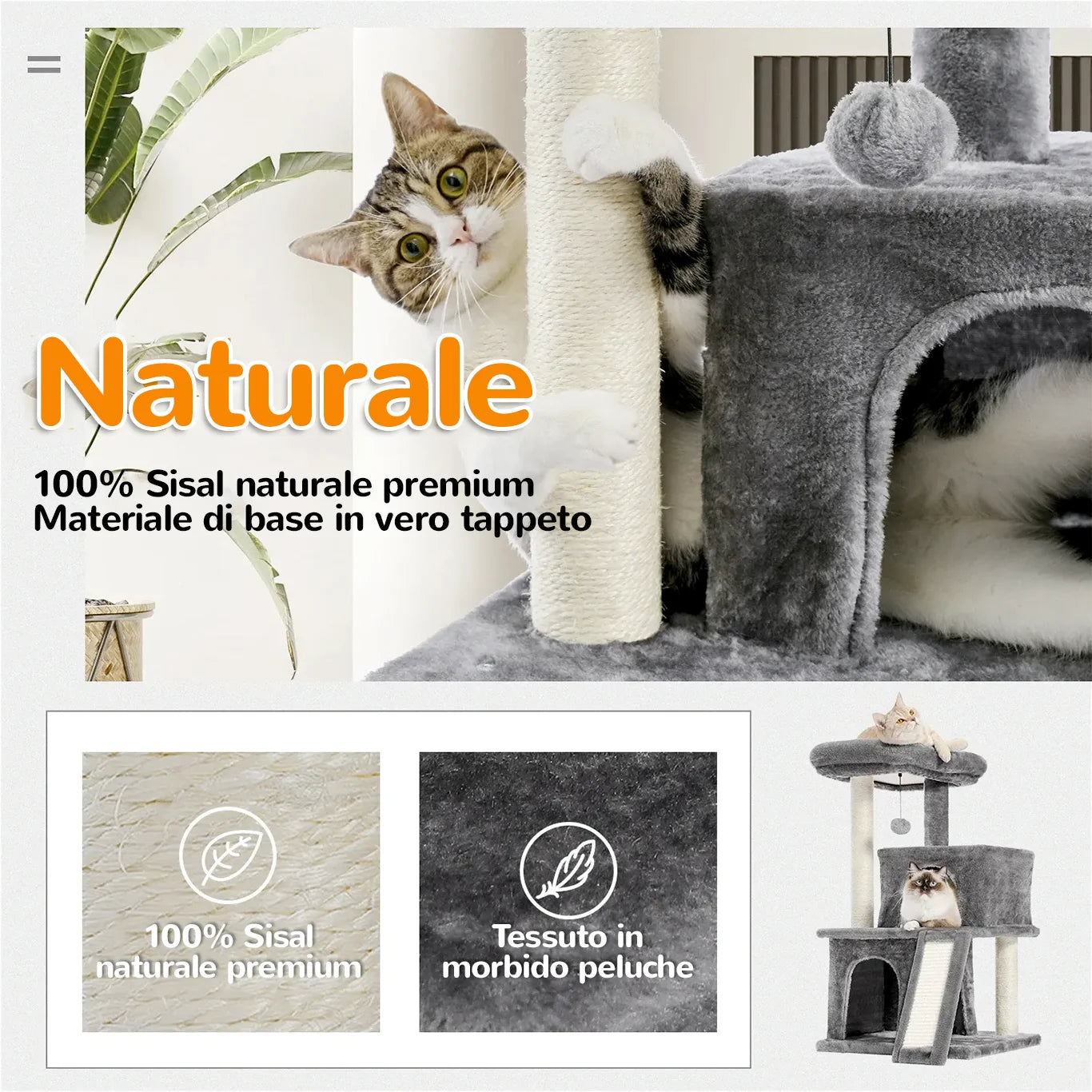 CozyHome™ tiragraffi con pali in sisal naturale e tessuto morbido in peluche
