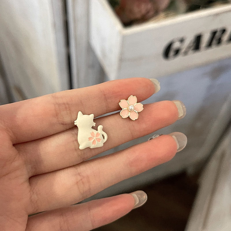 Cute Sakura Cat Earrings
