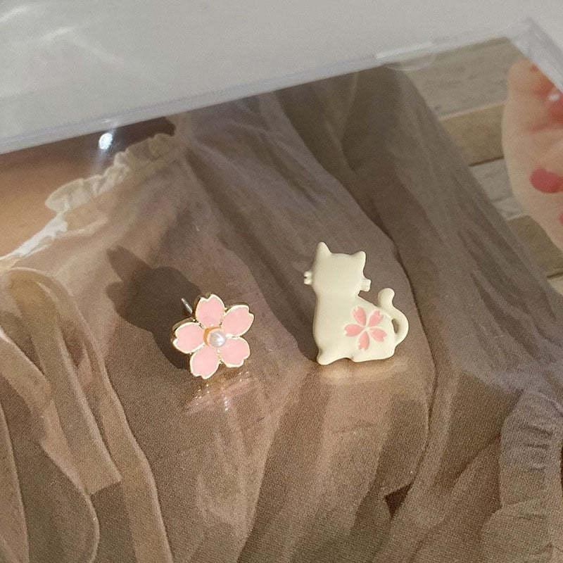 Cute Sakura Cat Earrings