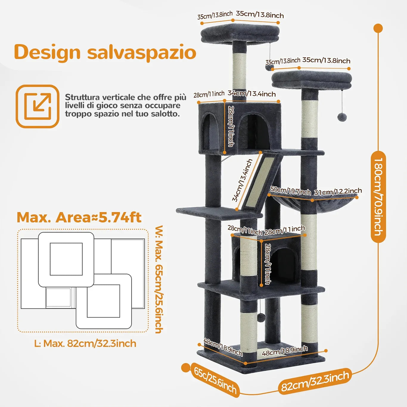 Dimensioni albero tiragraffi 180 cm ClimbaTower™ con design salvaspazio e misure in cm