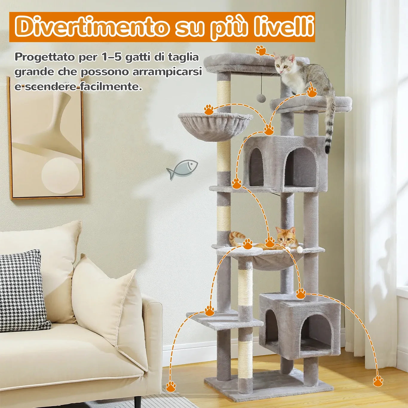 Tiragraffi HighNest™ 175 cm per 1-5 gatti, progettato per arrampicarsi facilmente su più livelli con stabilità superiore