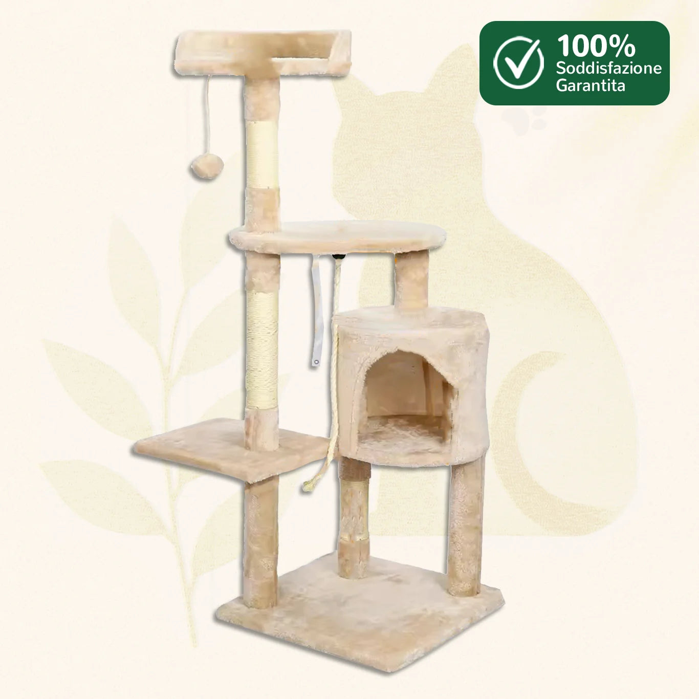 Albero tiragraffi FeliTower™ 112 cm beige con piattaforme morbide e sisal naturale.