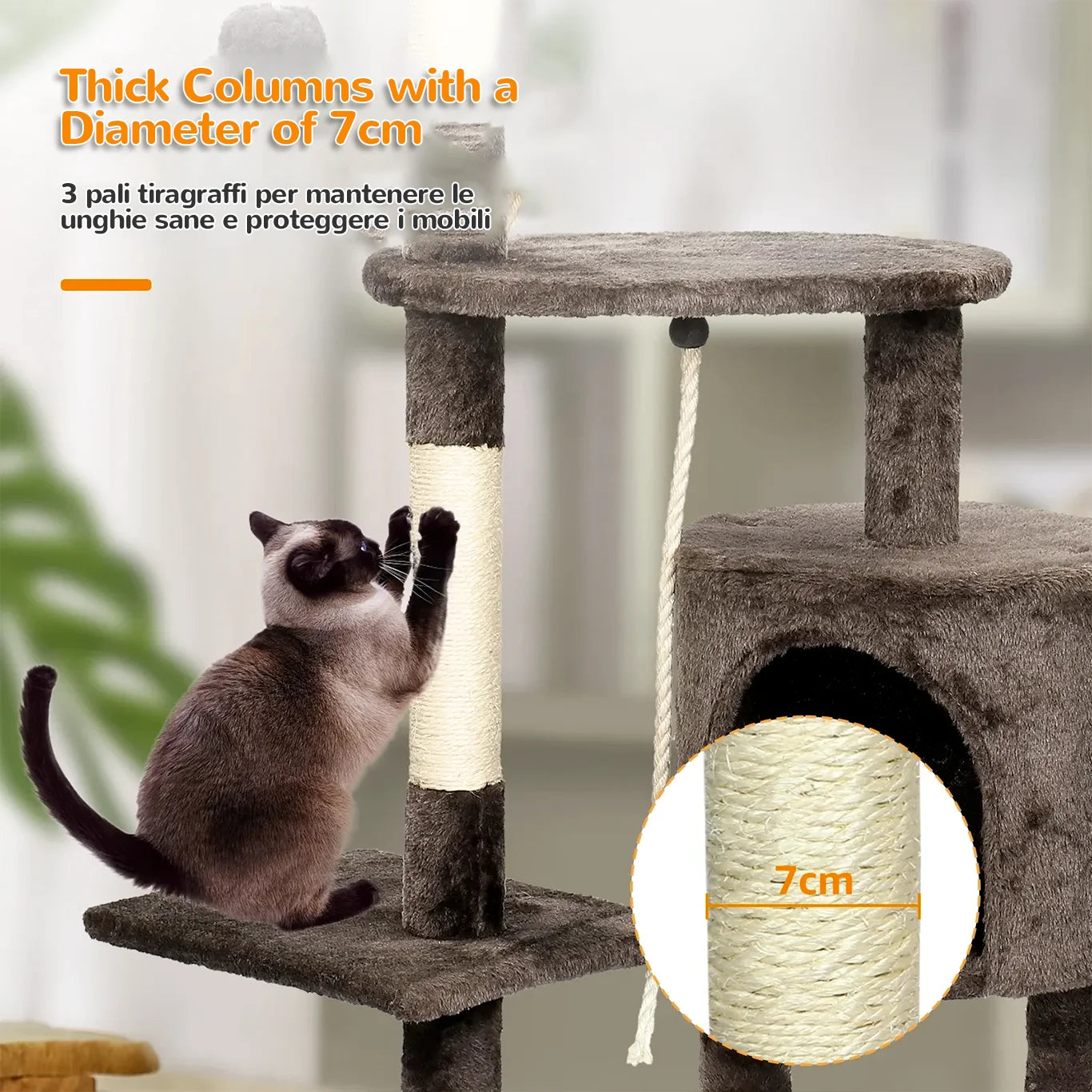 Colonne spesse da 7 cm rivestite in sisal per graffiare, proteggere mobili e unghie sane.