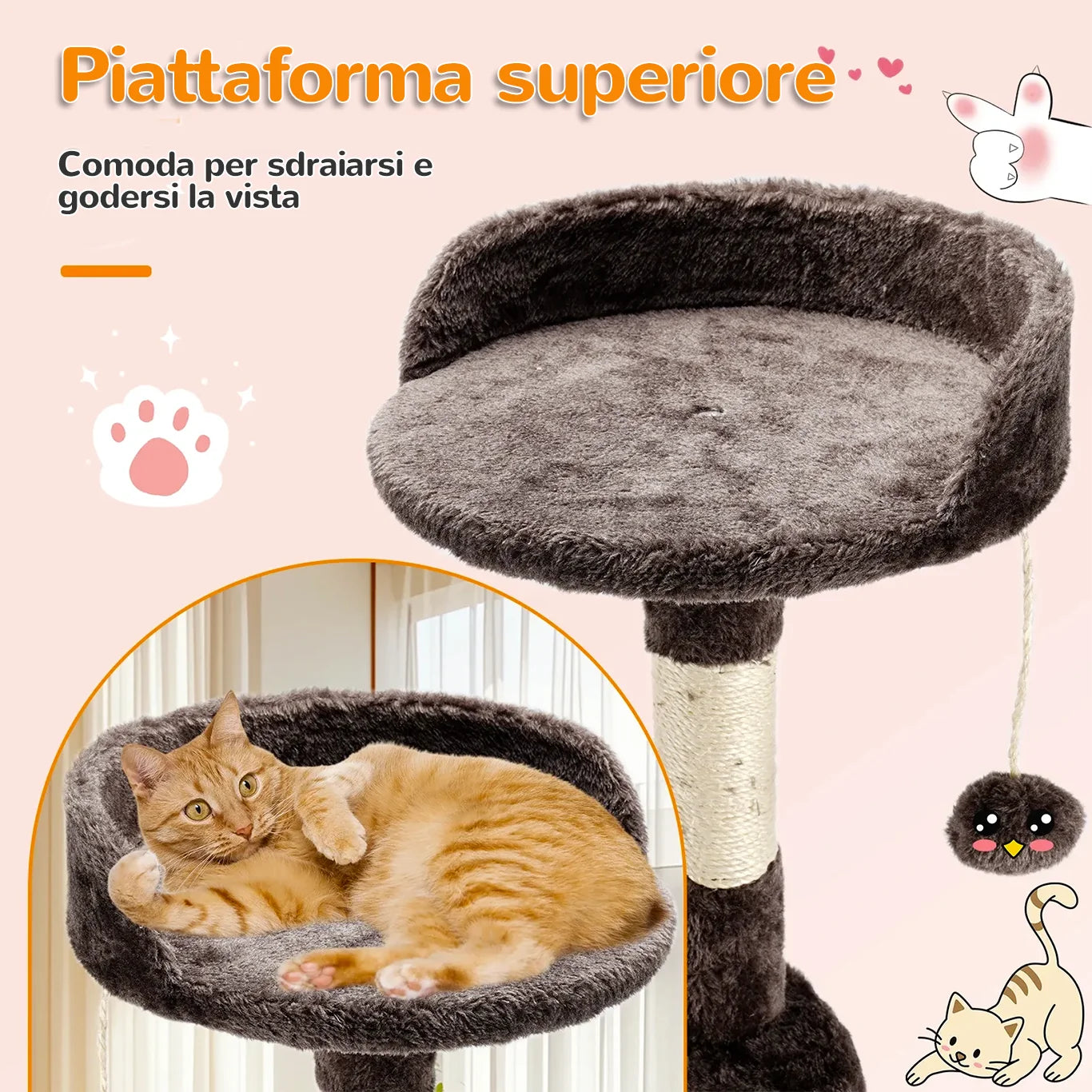 Dettagli dell’albero FeliTower™ con pali in sisal naturale e amaca in metallo.