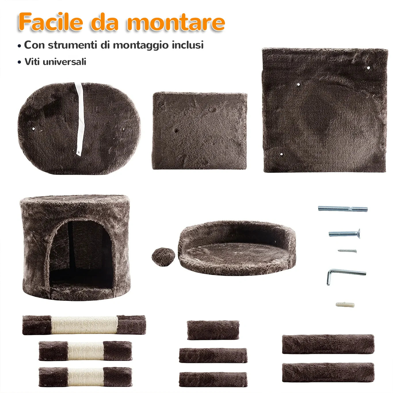 Albero tiragraffi FeliTower™ facile da montare con viti universali e accessori inclusi.