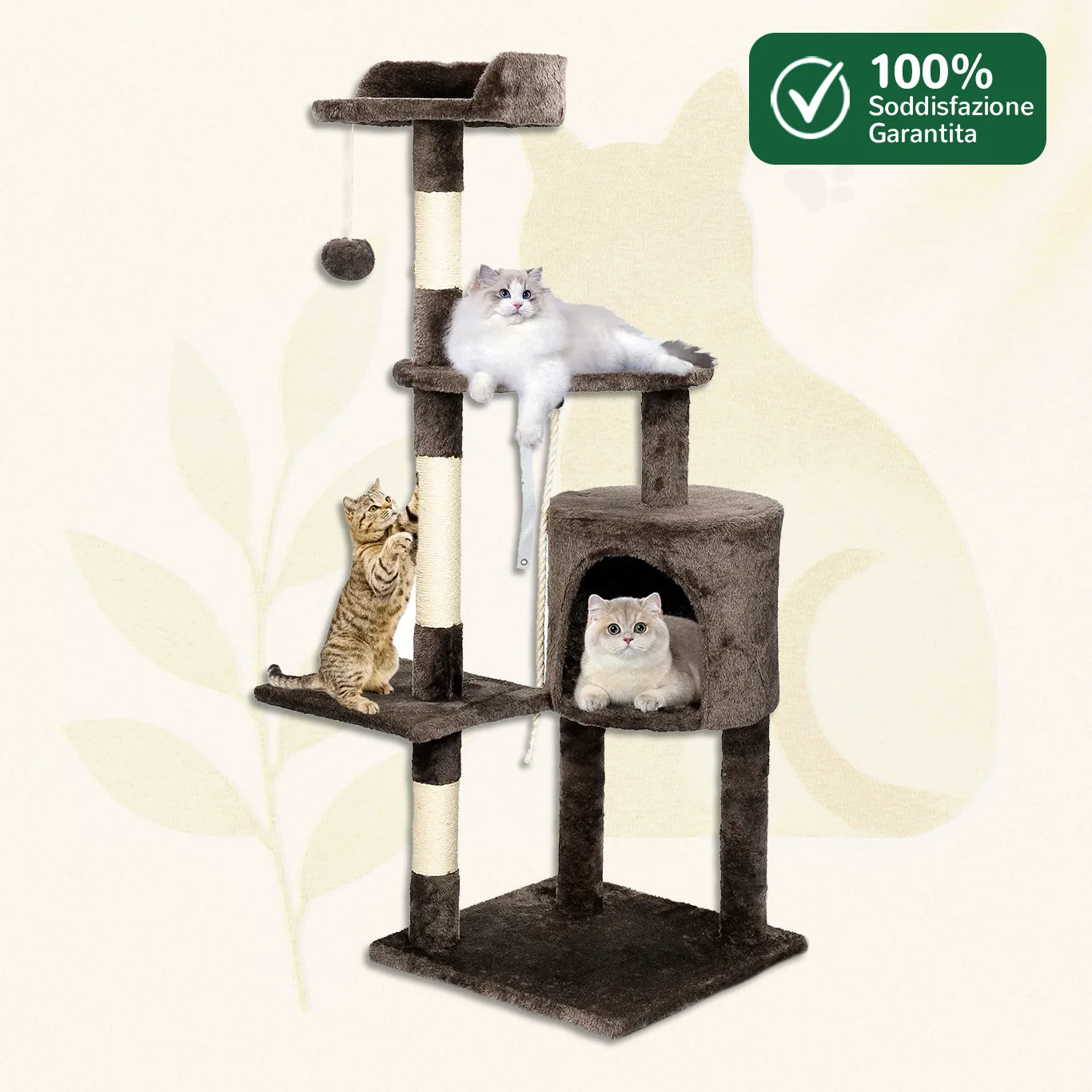 Albero tiragraffi FeliTower™ 112 cm in tessuto grigio chiaro con amaca e condo.