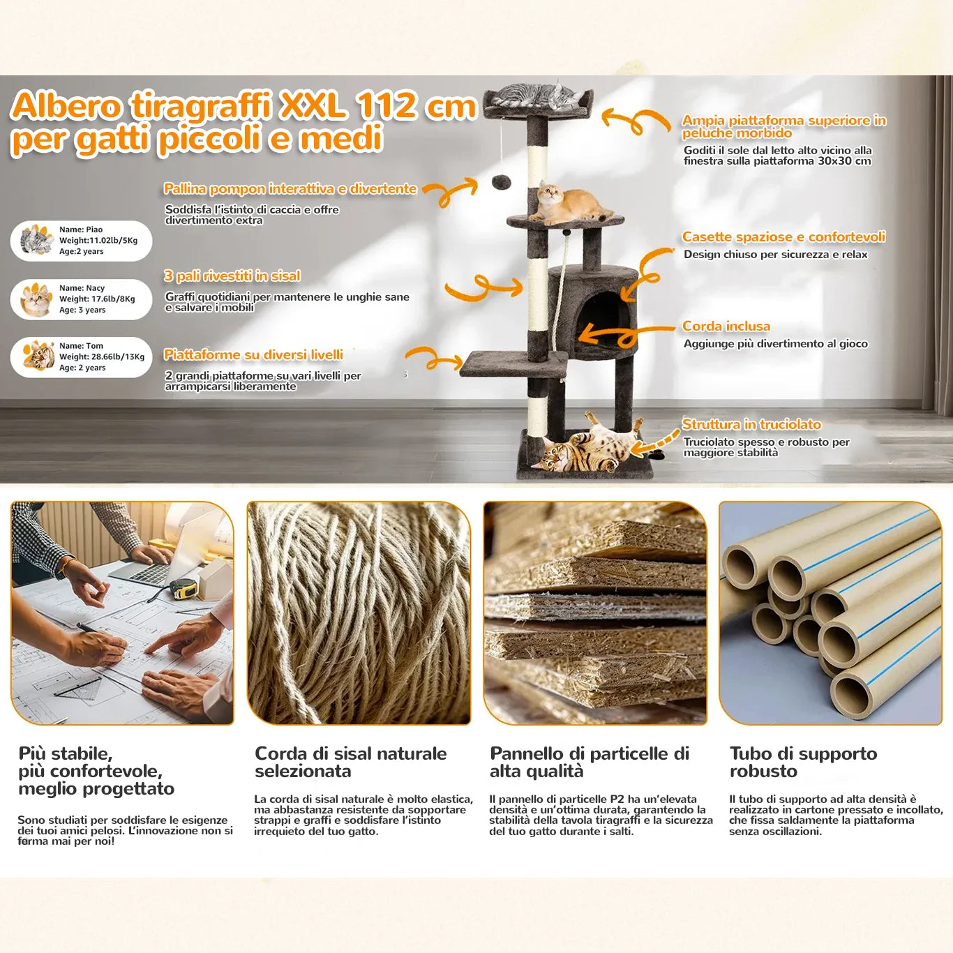 Albero tiragraffi FeliTower™ con corda in sisal naturale e materiali eco-compatibili.