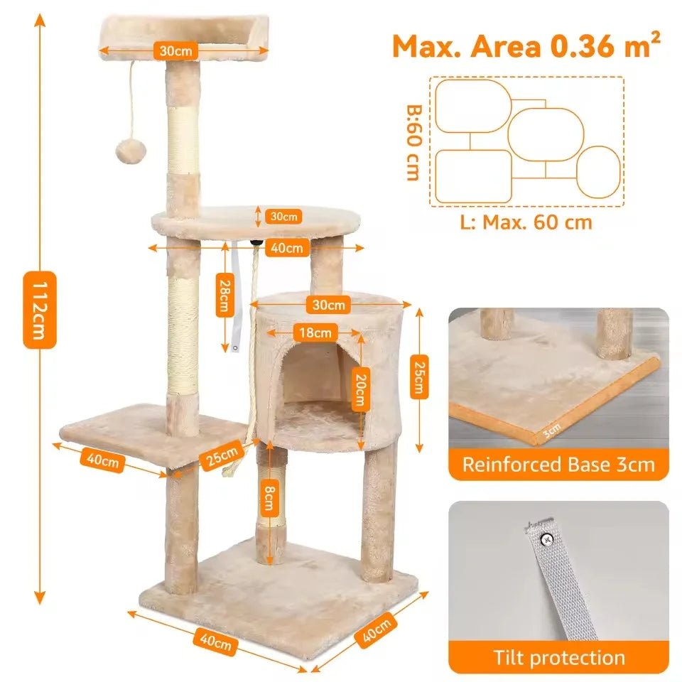FeliTower albero tiragraffi beige 112 cm con condo spazioso, pali in sisal e piattaforme – misure incluse