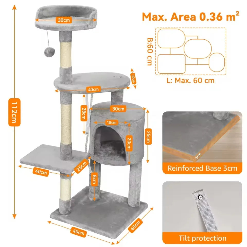FeliTower albero tiragraffi grigio 112 cm con condo, pali in sisal e piattaforme – dimensioni dettagliate