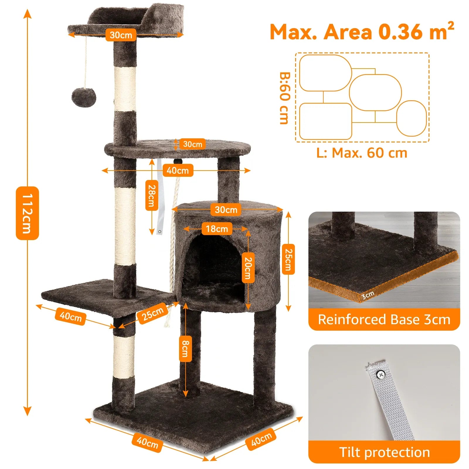 FeliTower albero tiragraffi marrone scuro 112 cm con misure, base rinforzata e protezione anti-ribaltamento