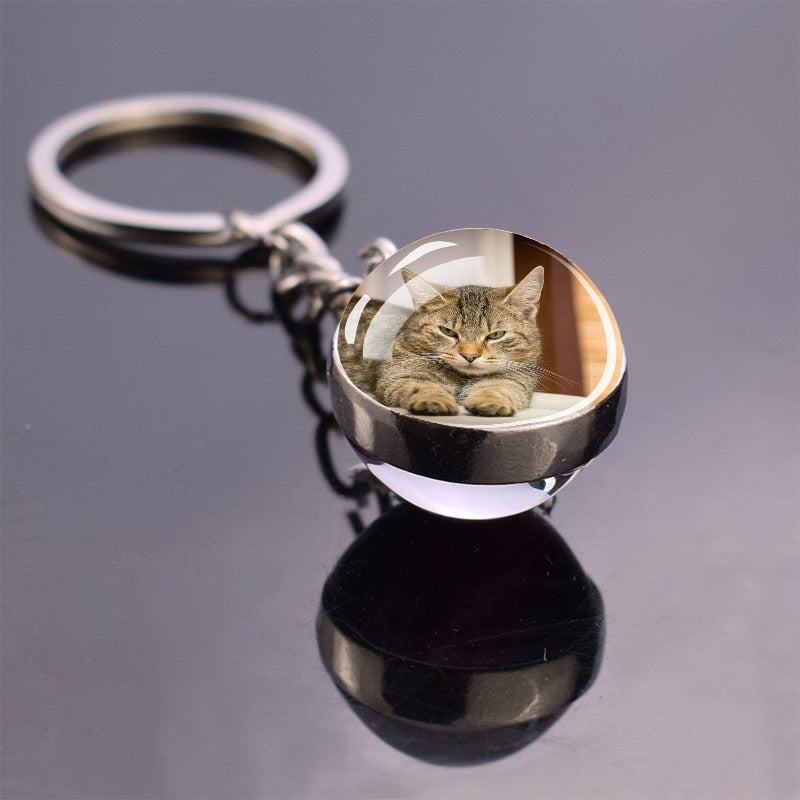 Glass Ball Cat Keychain