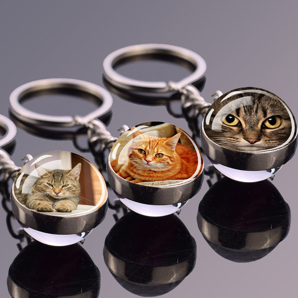 Glass Ball Cat Keychain