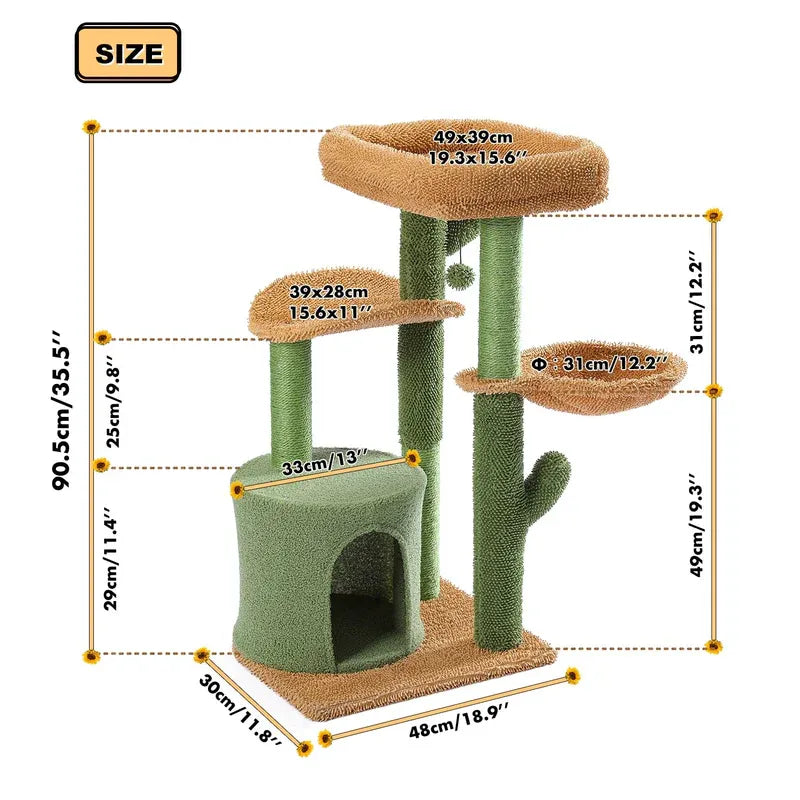 Albero per gatti GreenNest verde elegante con misure e dettagli strutturali 90 cm