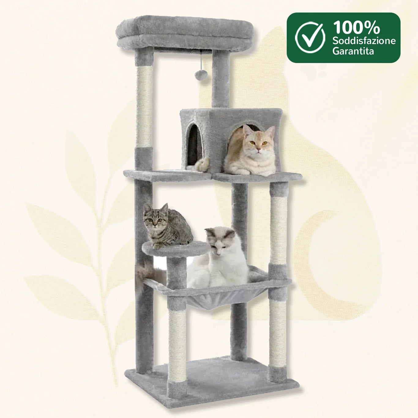 GrigioCat™ – Albero tiragraffi multi-livello con amaca sospesa, cuccia e piattaforme per gatti