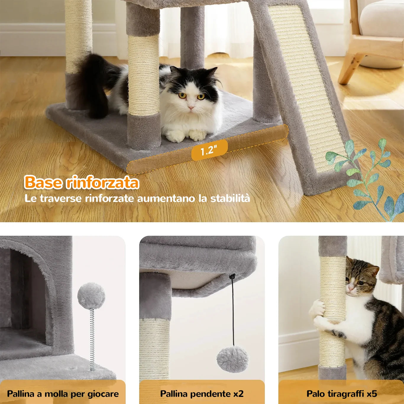 Grande albero tiragraffi MaxiClimb in sisal naturale con piattaforme