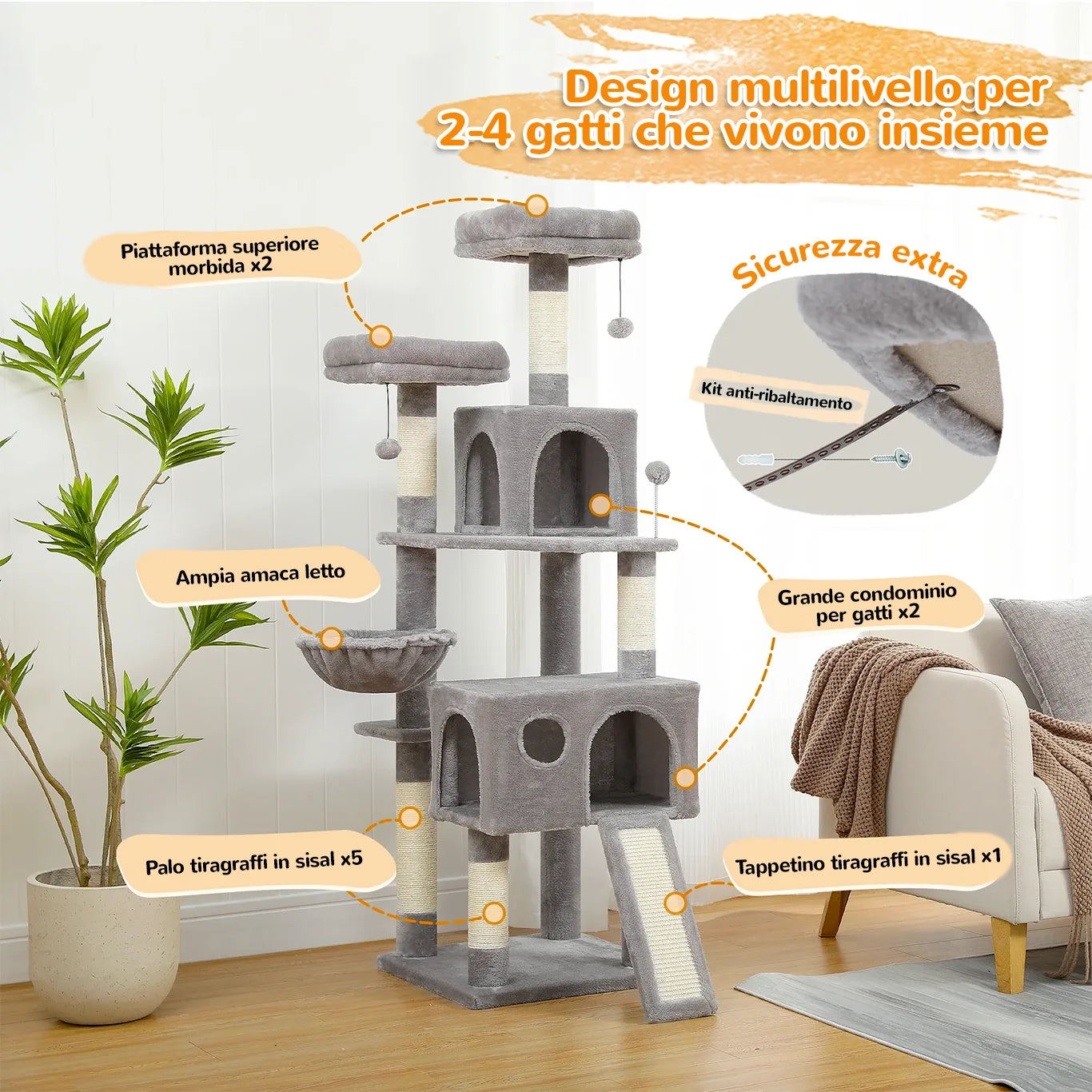 MaxiClimb albero tiragraffi multi-livello per gatti con cuccia e amaca