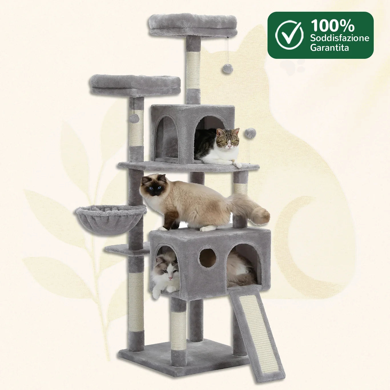 MaxiClimb albero tiragraffi multi-livello per gatti in tessuto grigio chiaro con cuccia e amaca