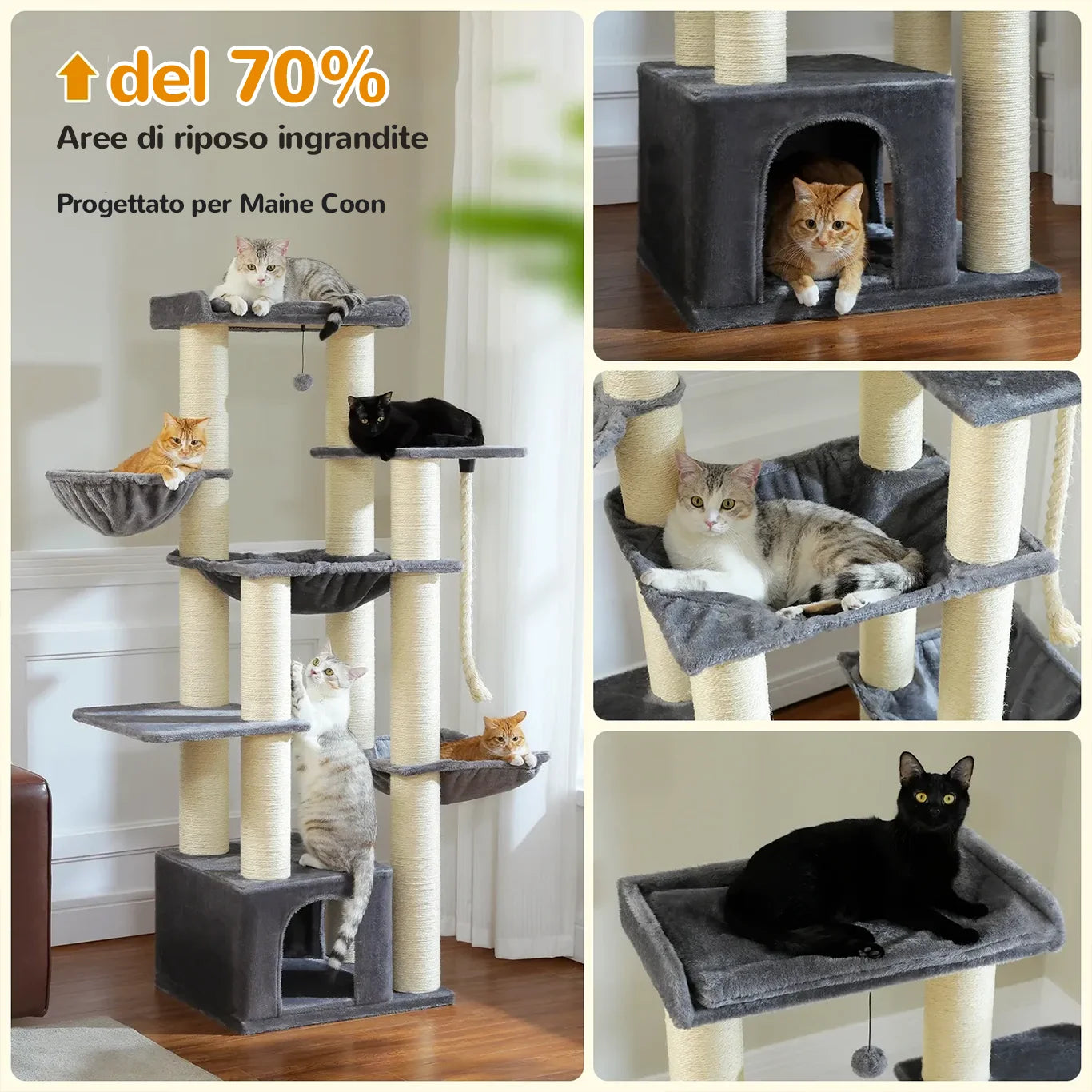 MegaPaws™ albero tiragraffi 170 cm con ampi spazi di riposo per gatti grandi e Maine Coon