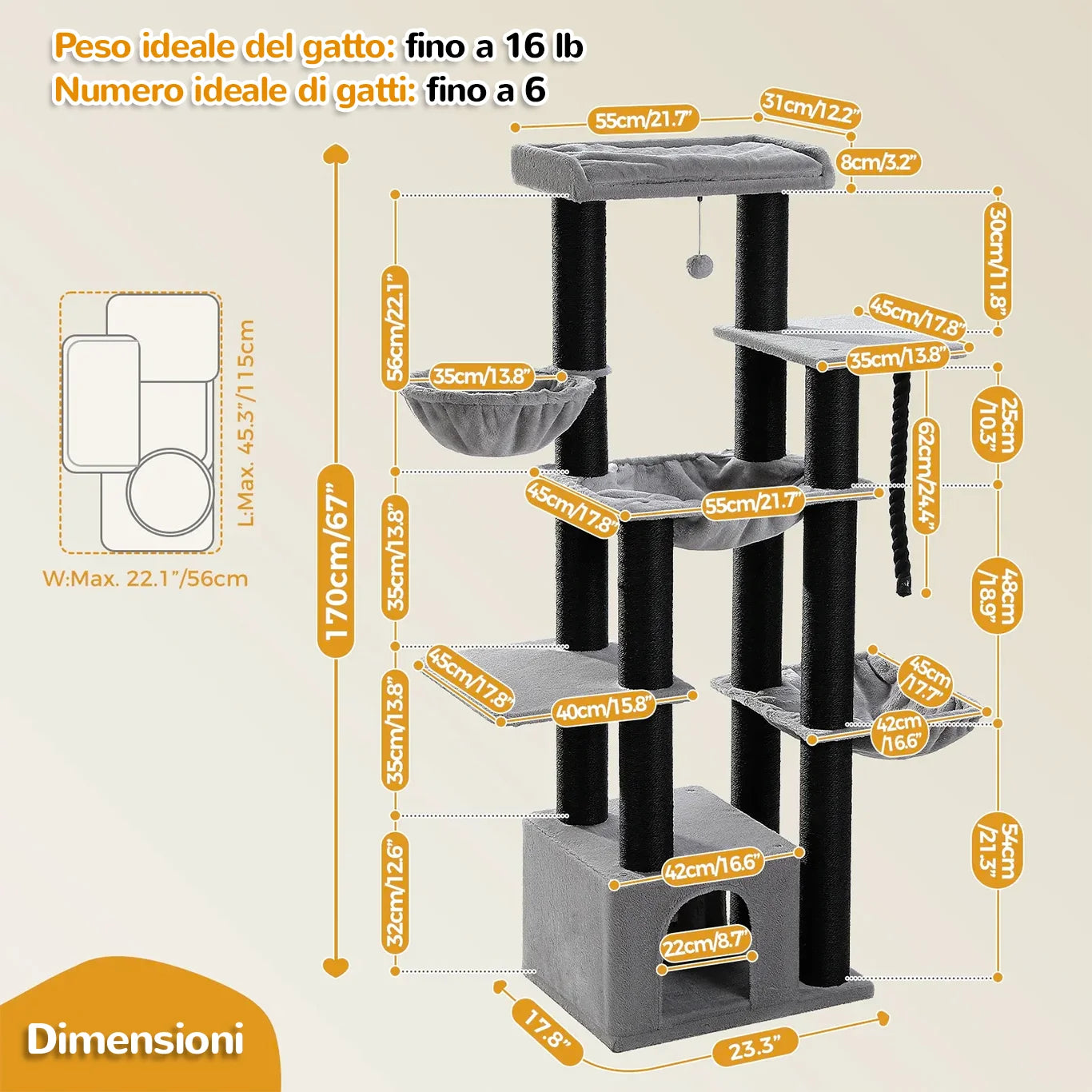 Dimensioni albero tiragraffi XXL 170 cm per gatti grandi con piattaforme e amaca