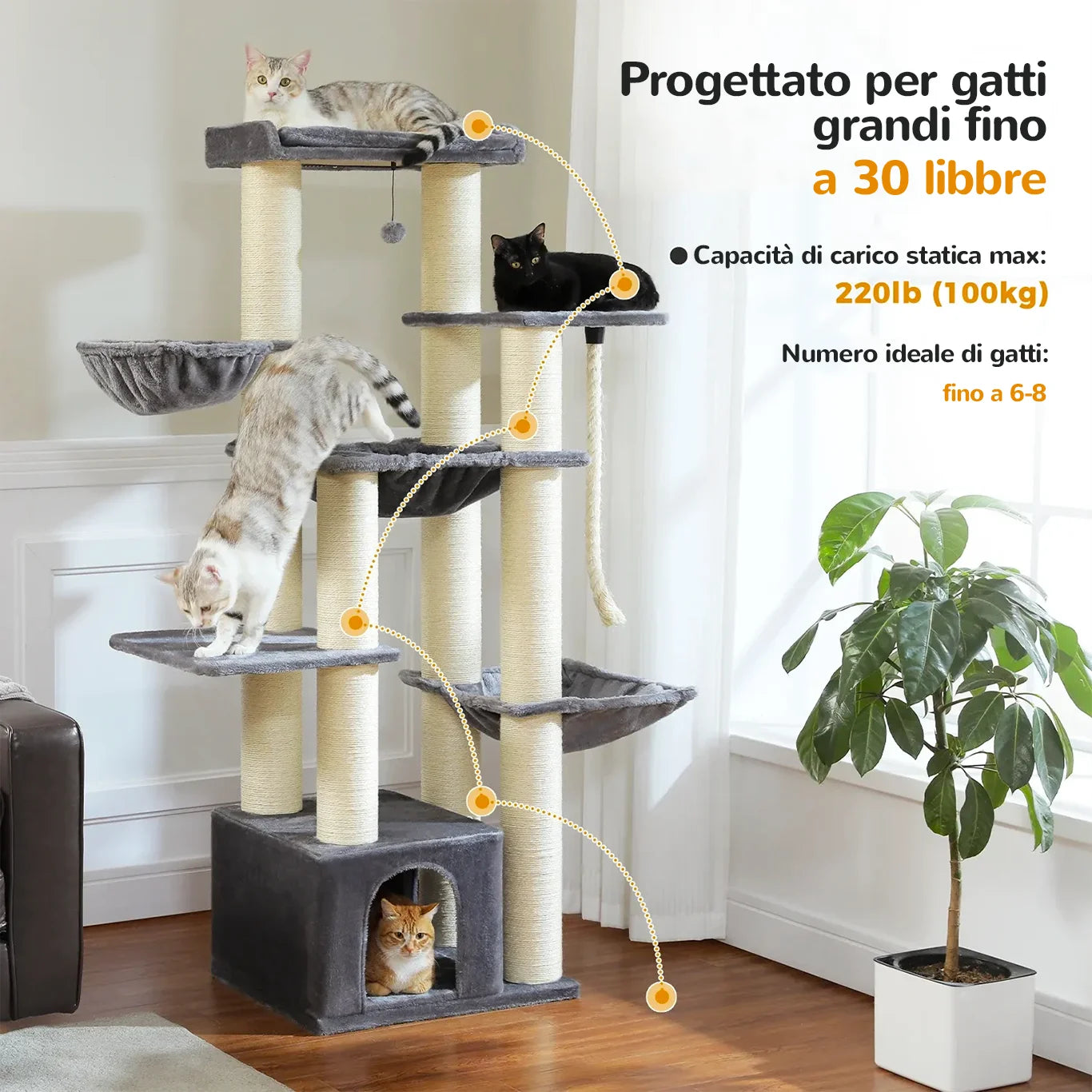 Albero tiragraffi XXL 170 cm per gatti fino a 30 libbre con più piattaforme