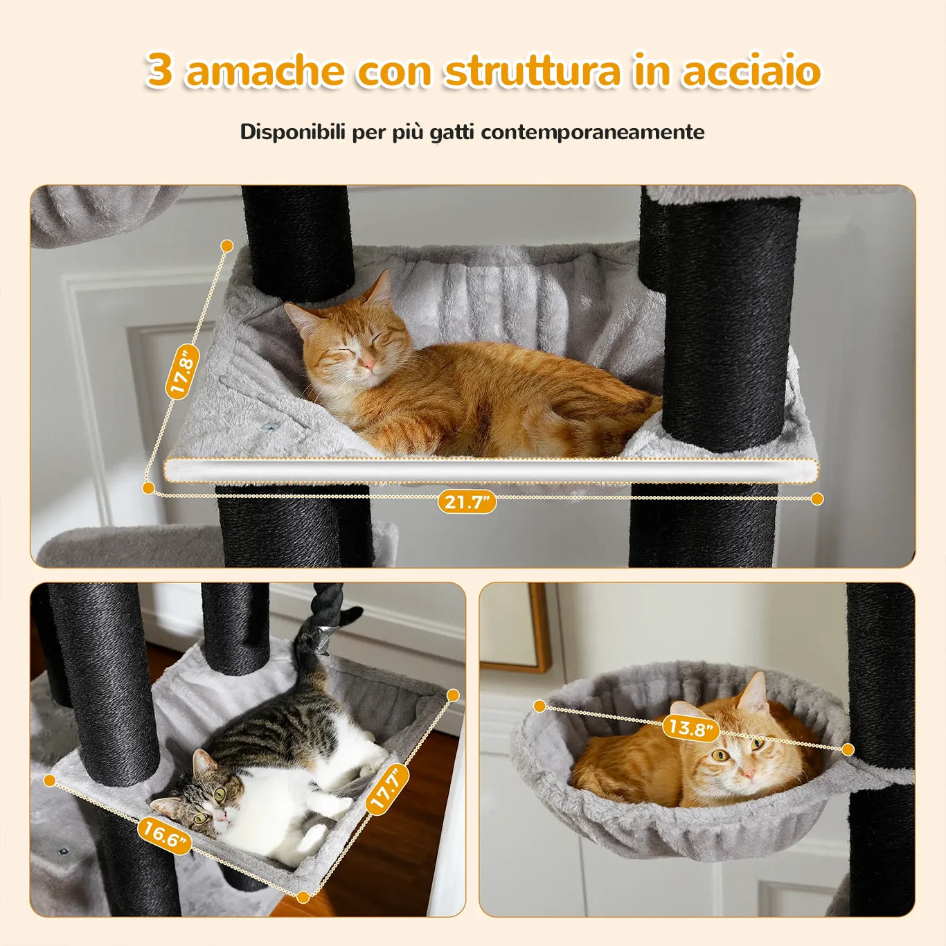 3 amache rinforzate in acciaio per gatti su albero tiragraffi XXL 170 cm