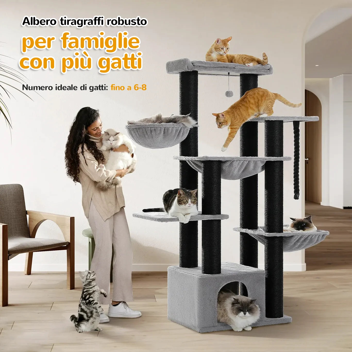Albero tiragraffi XXL MegaPaws 170 cm ideale per famiglie con più gatti