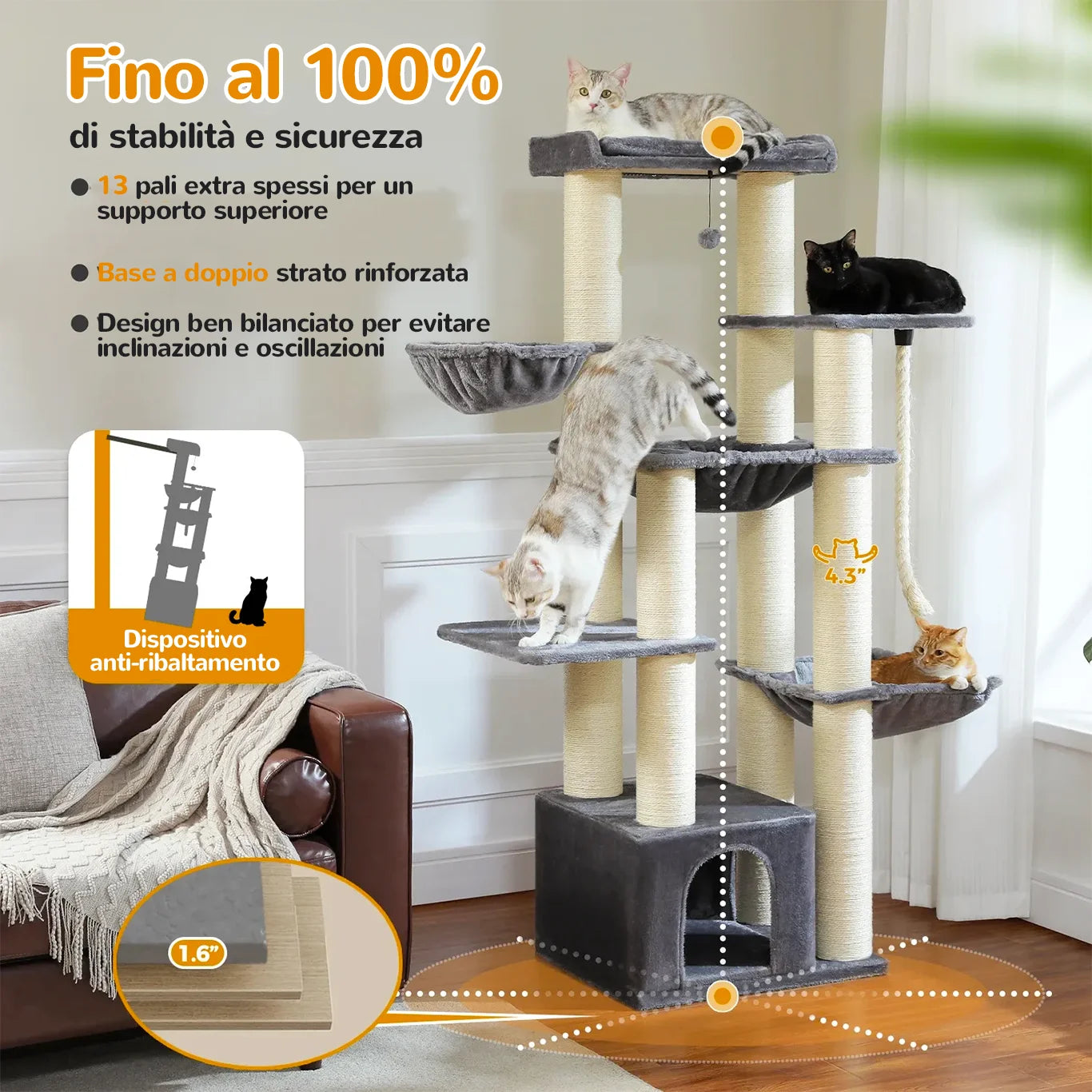MegaPaws™ albero tiragraffi XXL 170 cm con base rinforzata e pali spessi per gatti grandi