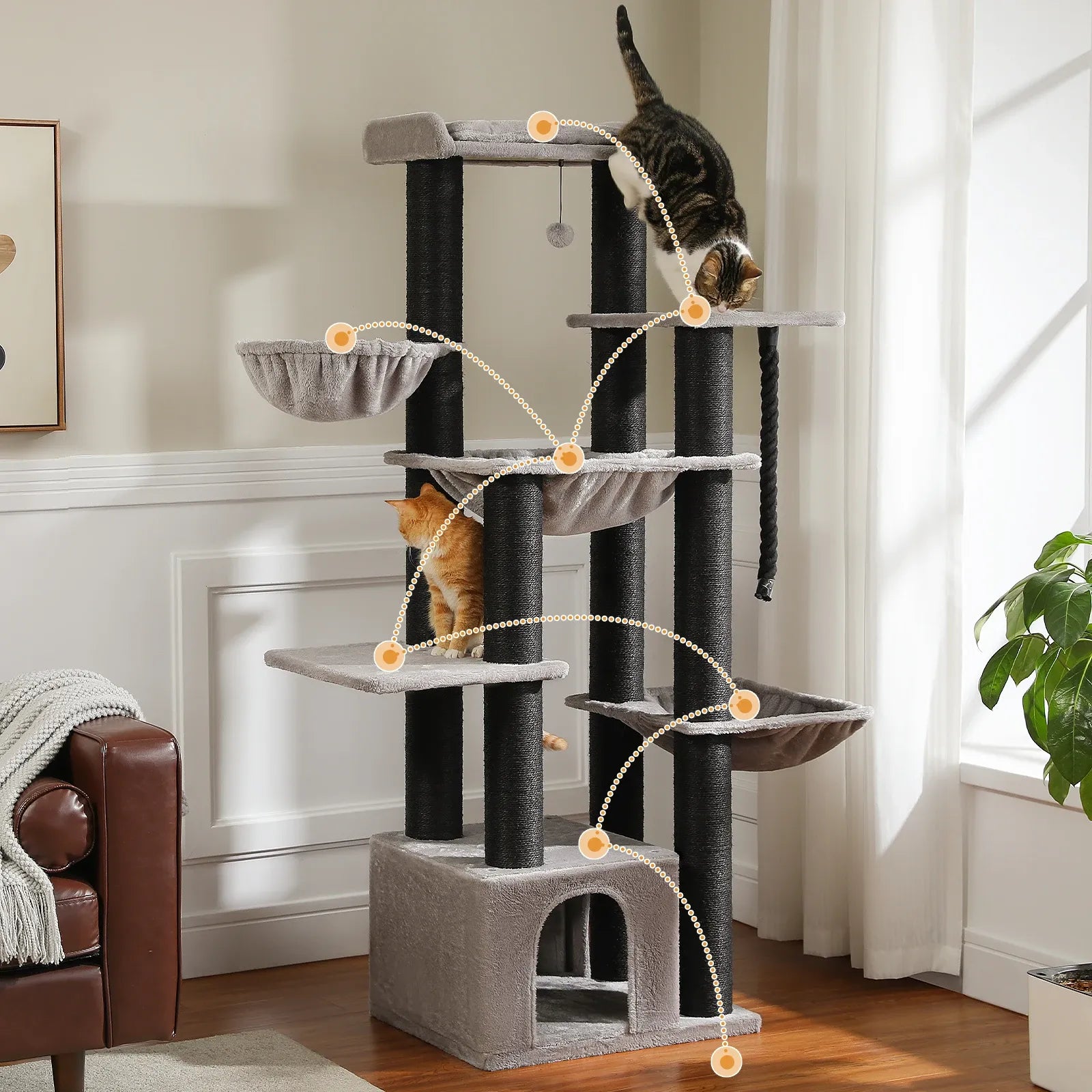 Percorso interattivo per gatti su albero tiragraffi XXL 170 cm multi-livello