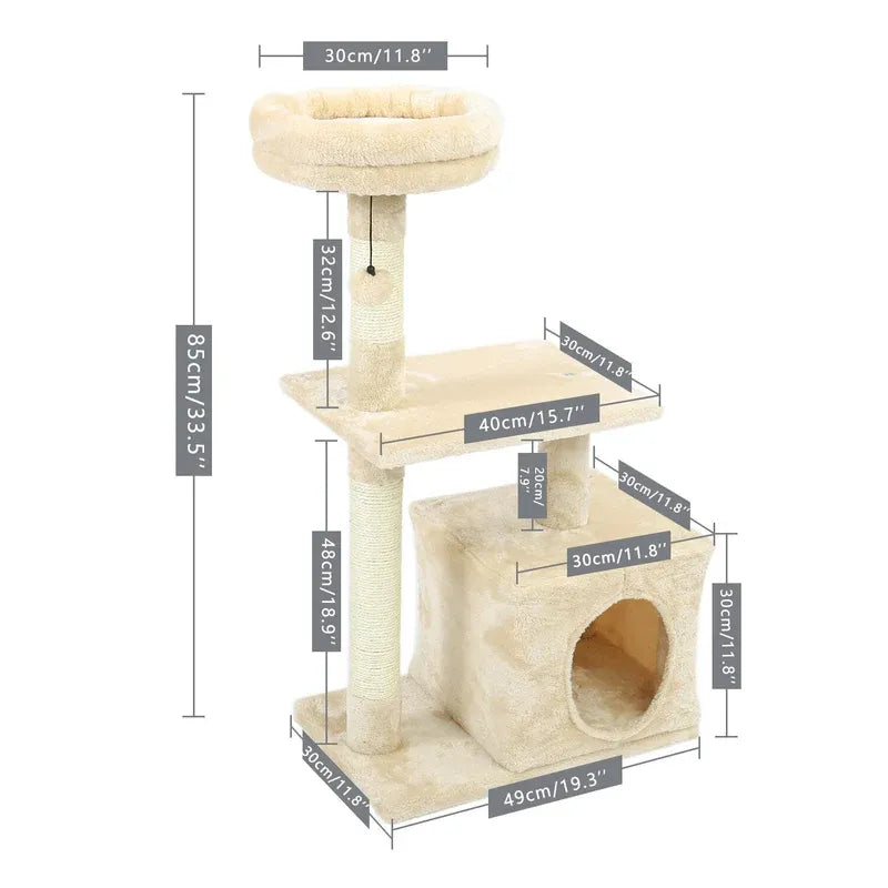 Albero per gatti compatto MiniClimb beige con misure e dettagli strutturali