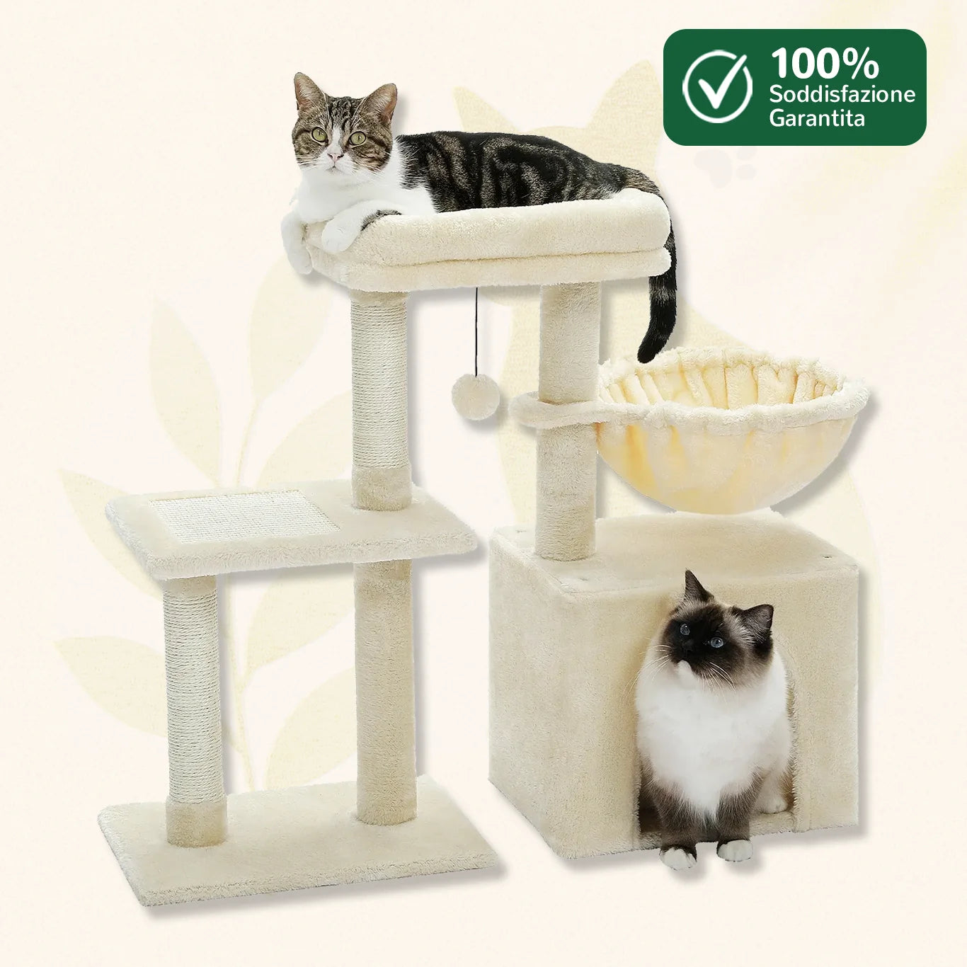 Tiragraffi MiniPaws™ beige 73 cm con gatti in amaca e cuccia