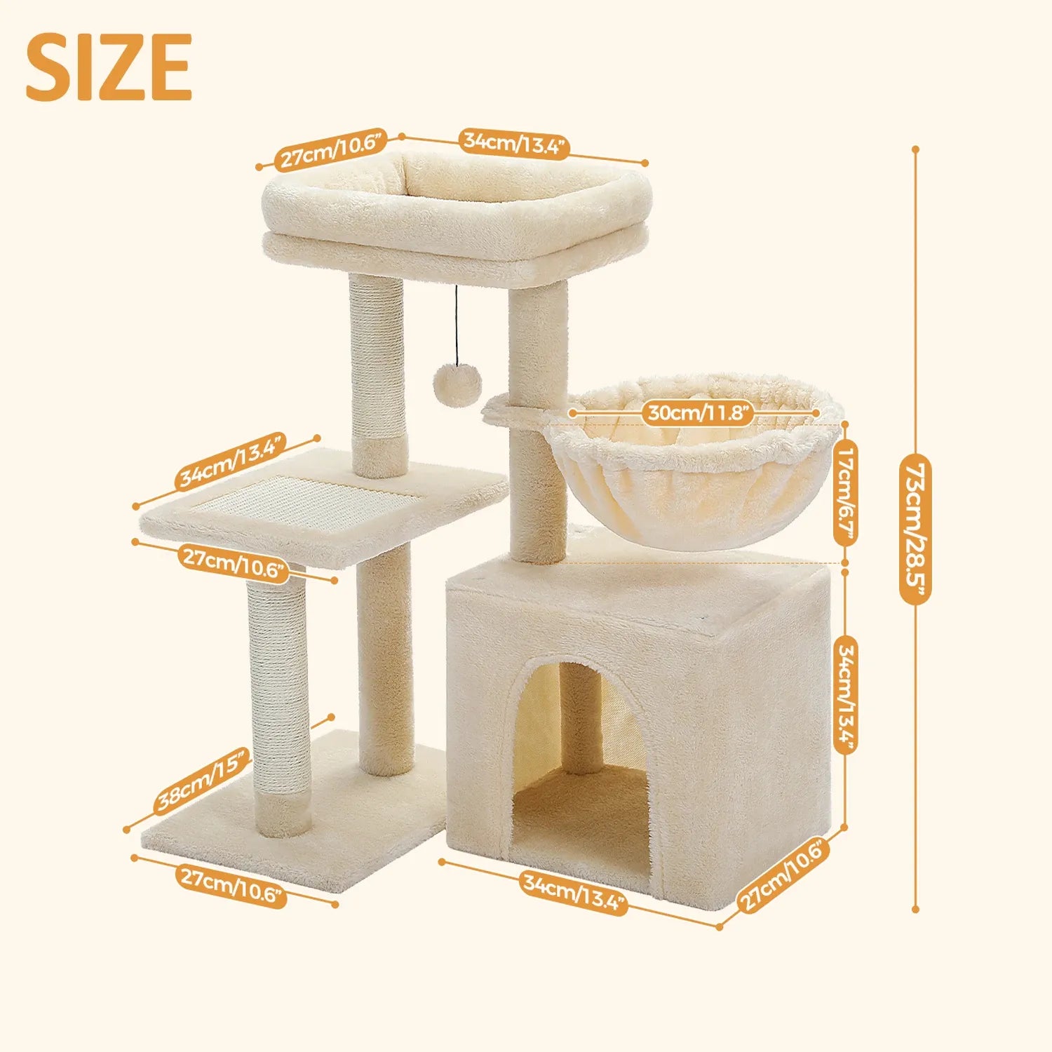 Dimensioni MiniPaws™ albero tiragraffi 73 cm con cuccia e amaca